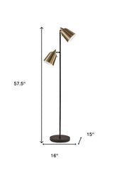 58" Black Two Light Floor Lamp With Antiqued Brass Cone Shades