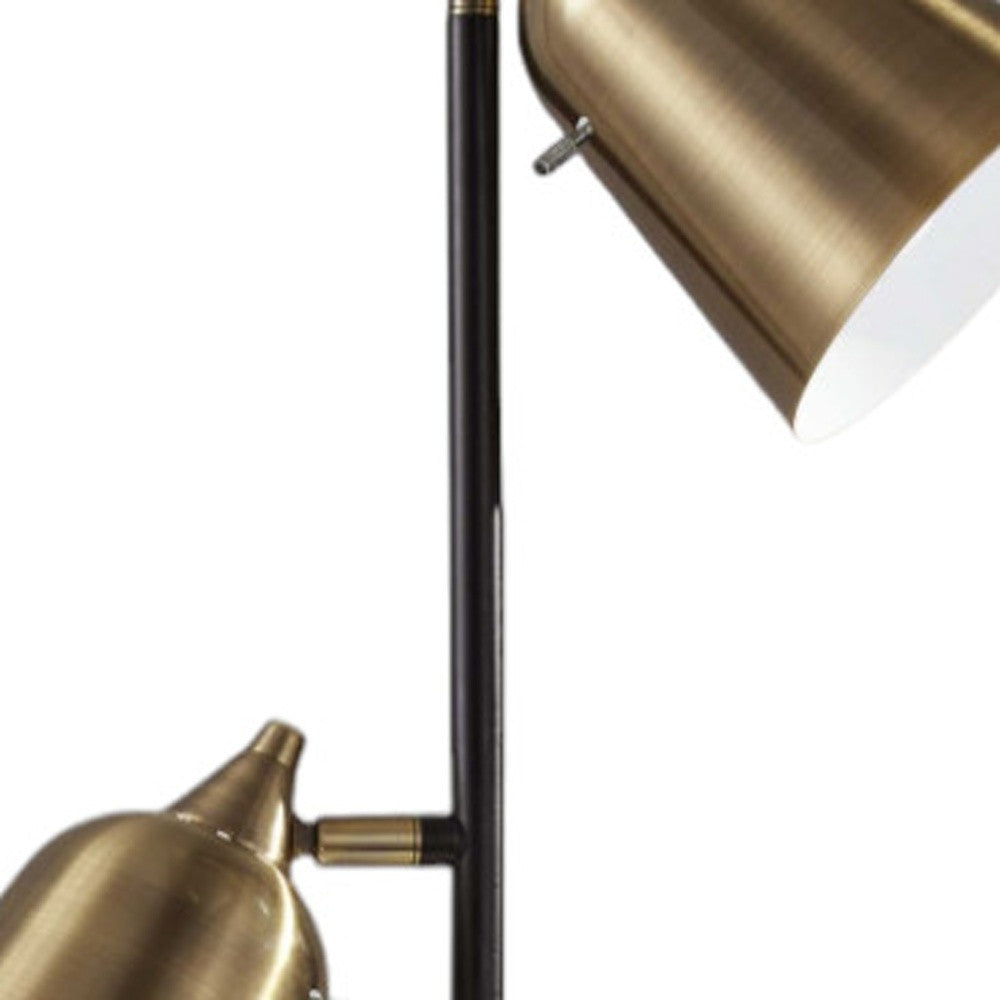 58" Black Two Light Floor Lamp With Antiqued Brass Cone Shades