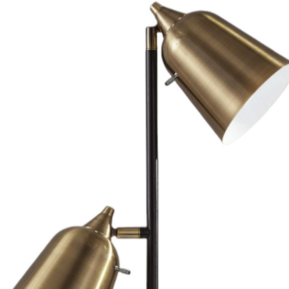 58" Black Two Light Floor Lamp With Antiqued Brass Cone Shades