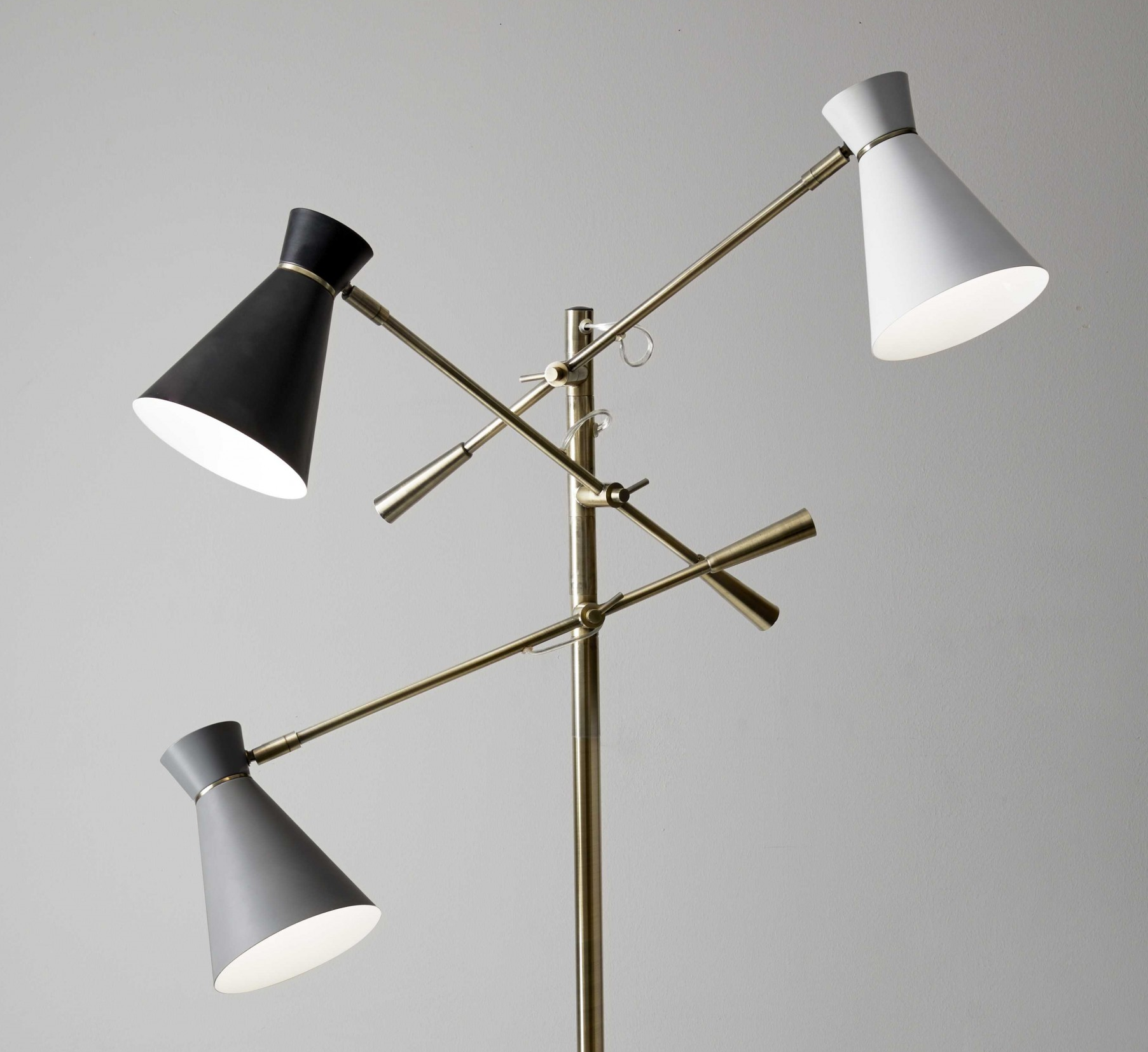 Three Arm Adjustable Floor Lamp In Brass Metal With Grey Black And White Shades