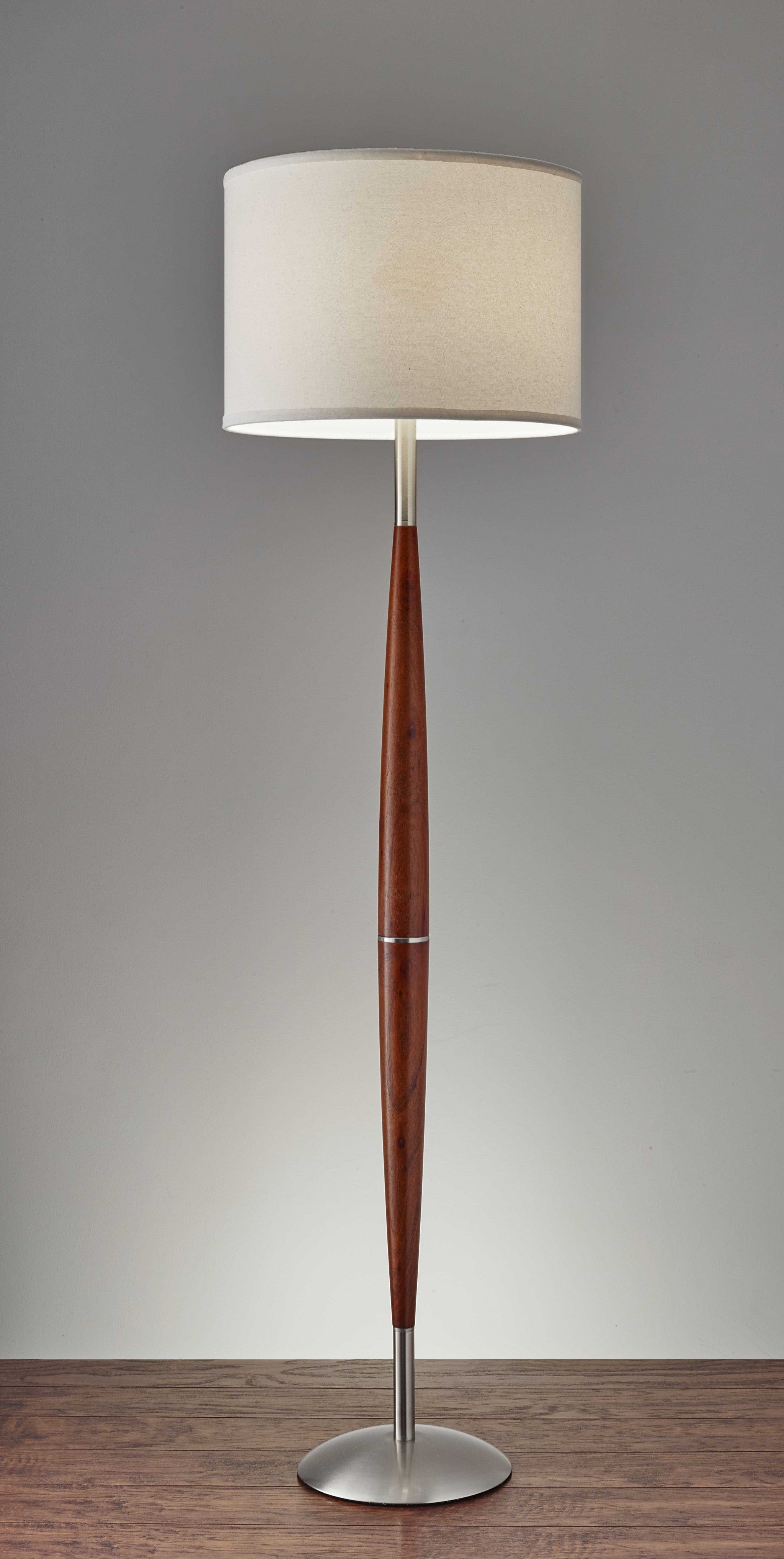 61" Brown Solid Wood Floor Lamp With White Fabric Drum Shade - Homeroots