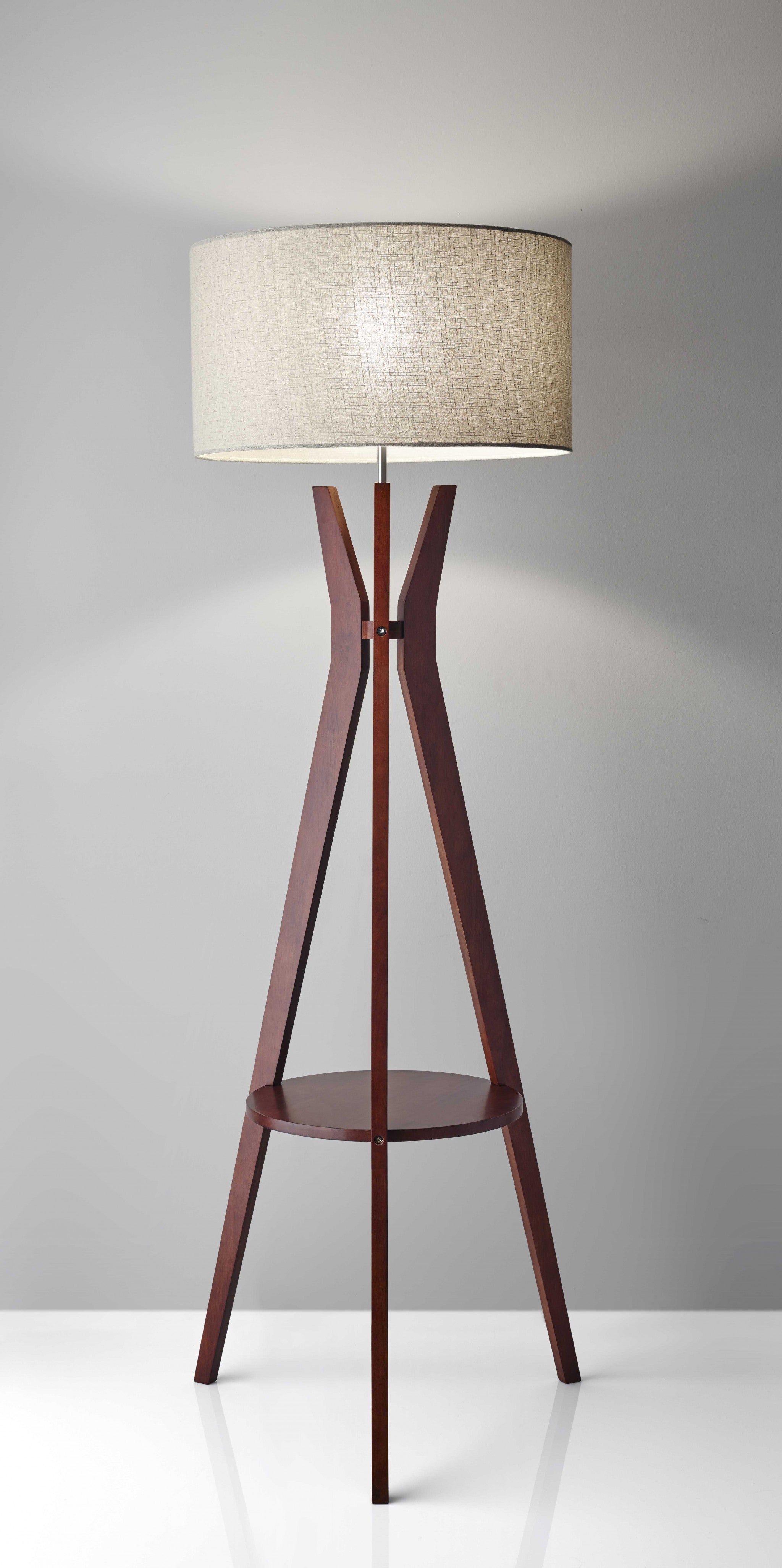 60" Solid Wood Tripod Floor Lamp With White Drum Shade