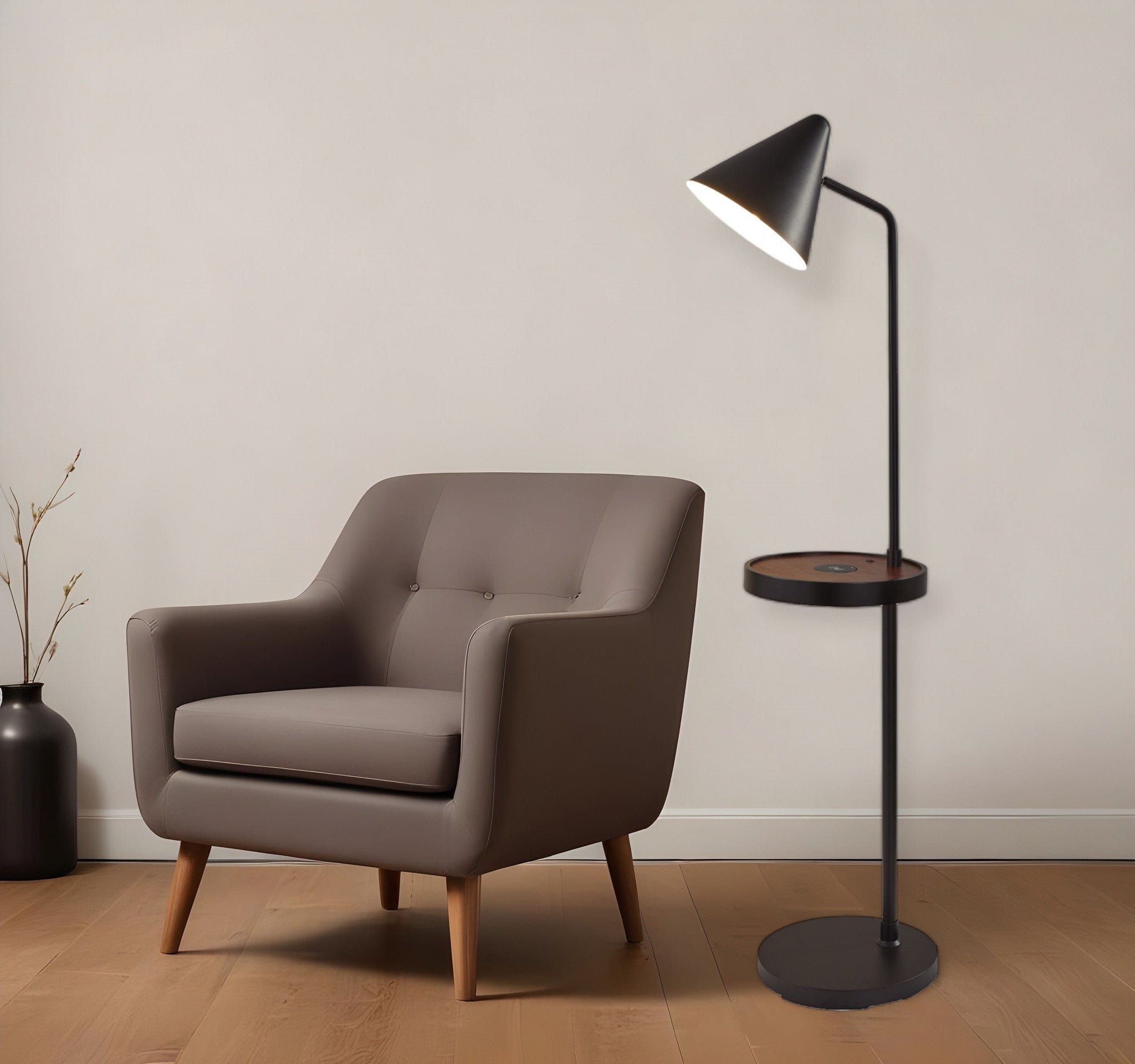 59" Matte Tray Table Floor Lamp With Black Metal Cone Shade - Homeroots