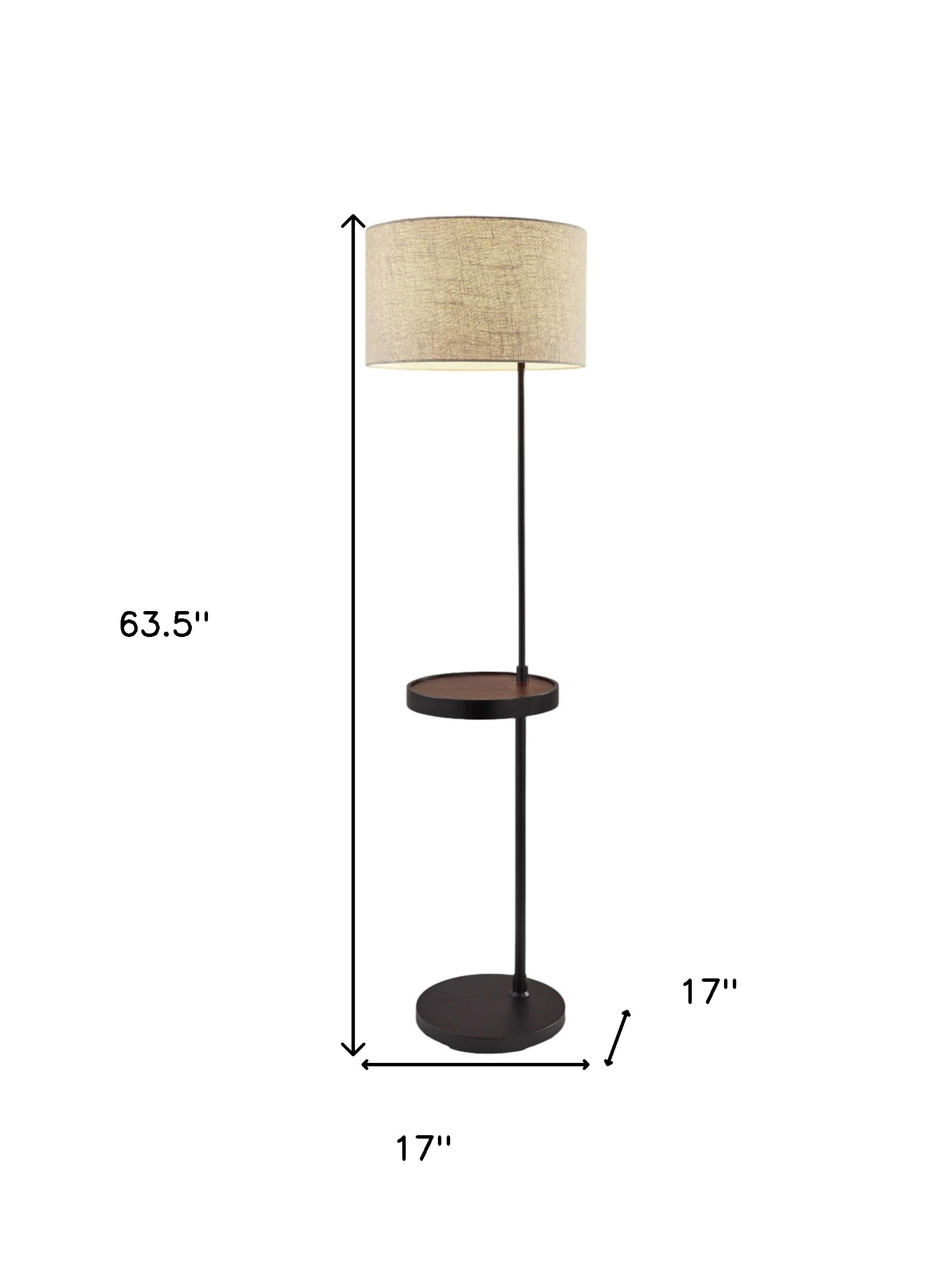 64" Black Tray Table Floor Lamp With Beige Drum Shade