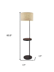 64" Black Tray Table Floor Lamp With Beige Drum Shade