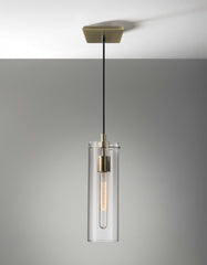 Clear Glass Cylinder Shade With Vintage Filament Bulb Antique Brass Metal Pendant