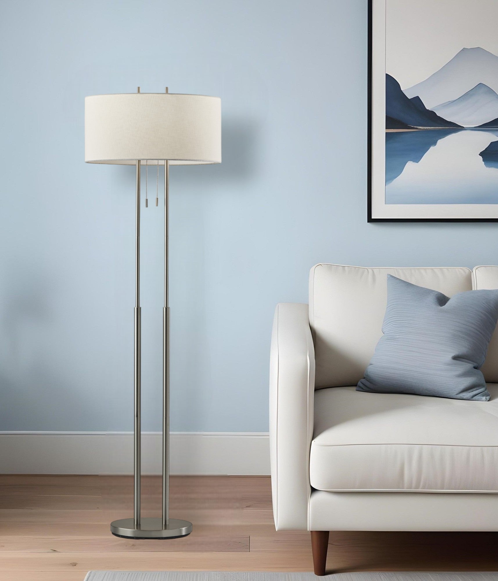 62" Brushed Task Floor Lamp With White Fabric Drum Shade