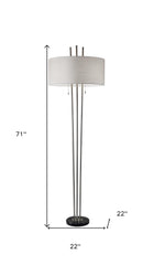 71" Two Light Three Pole Floor Lamp With White Fabric Drum Shade