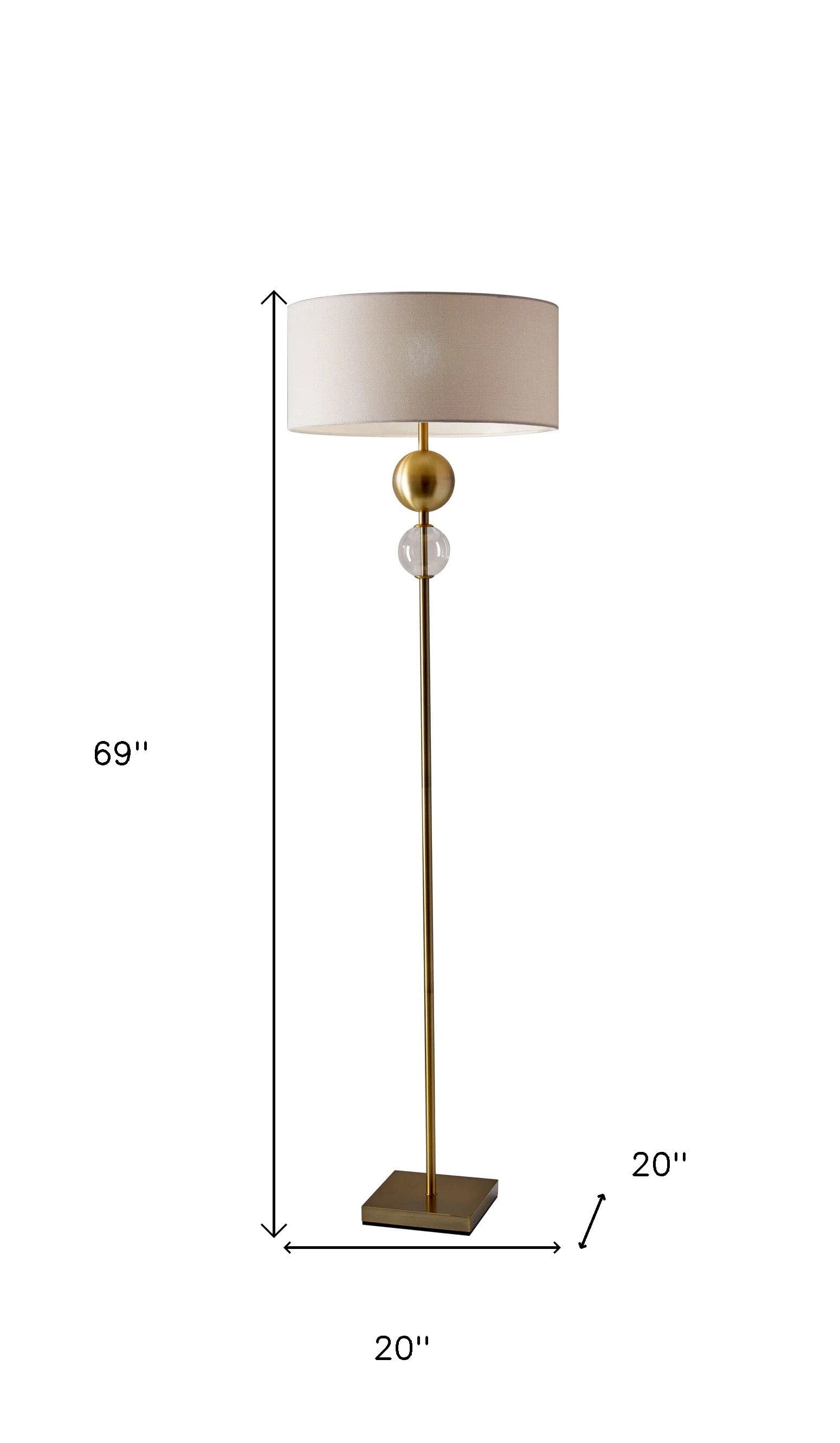 69" Brass Steel and Glass Floor Lamp With Off White Fabric Drum Shade - Homeroots