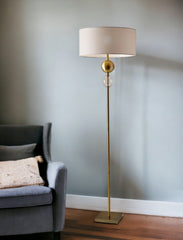 69" Brass Steel and Glass Floor Lamp With Off White Fabric Drum Shade - Homeroots