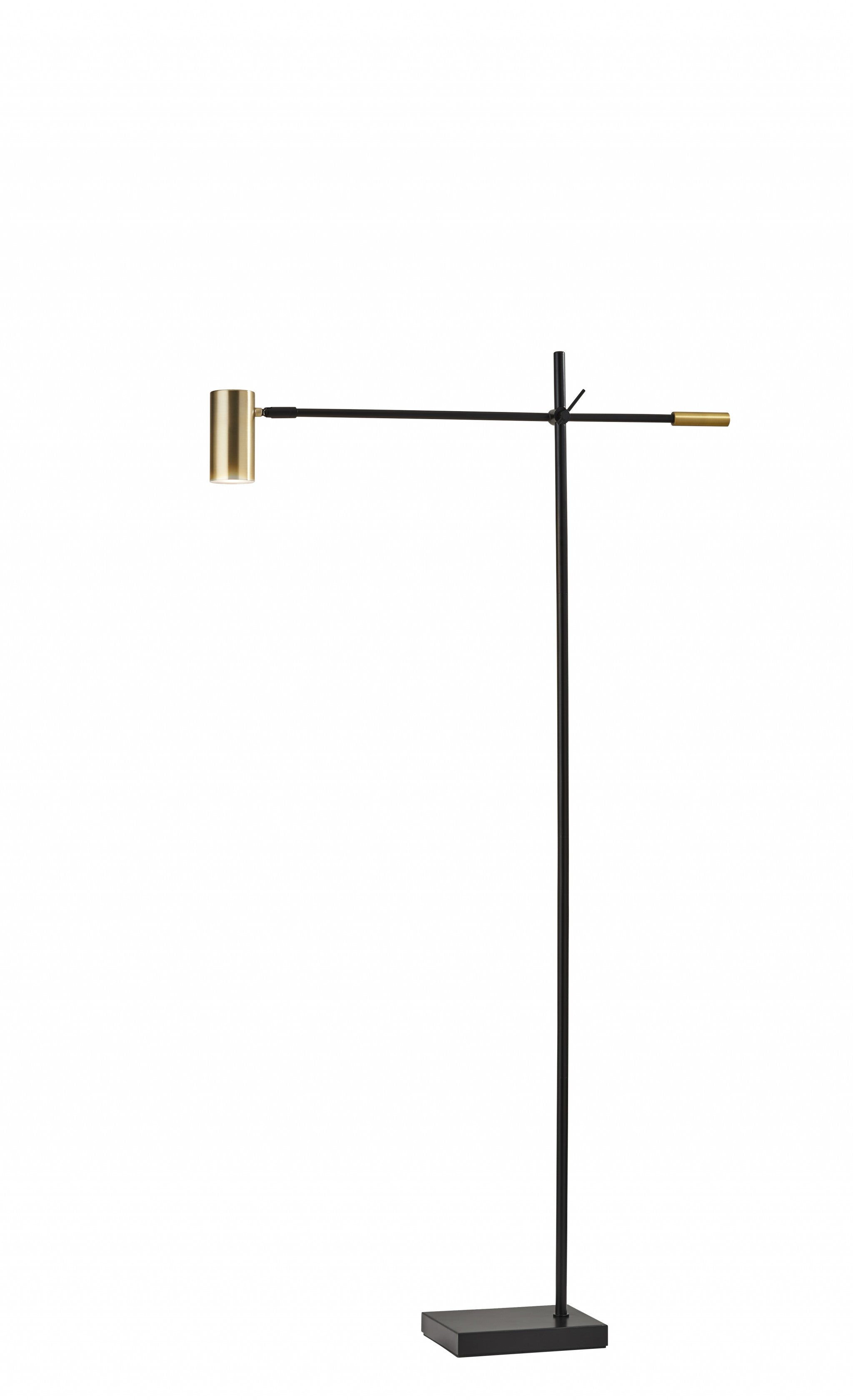 63" Black Adjustable LED Task Floor Lamp With Antiqued Brass Cylinder Shade