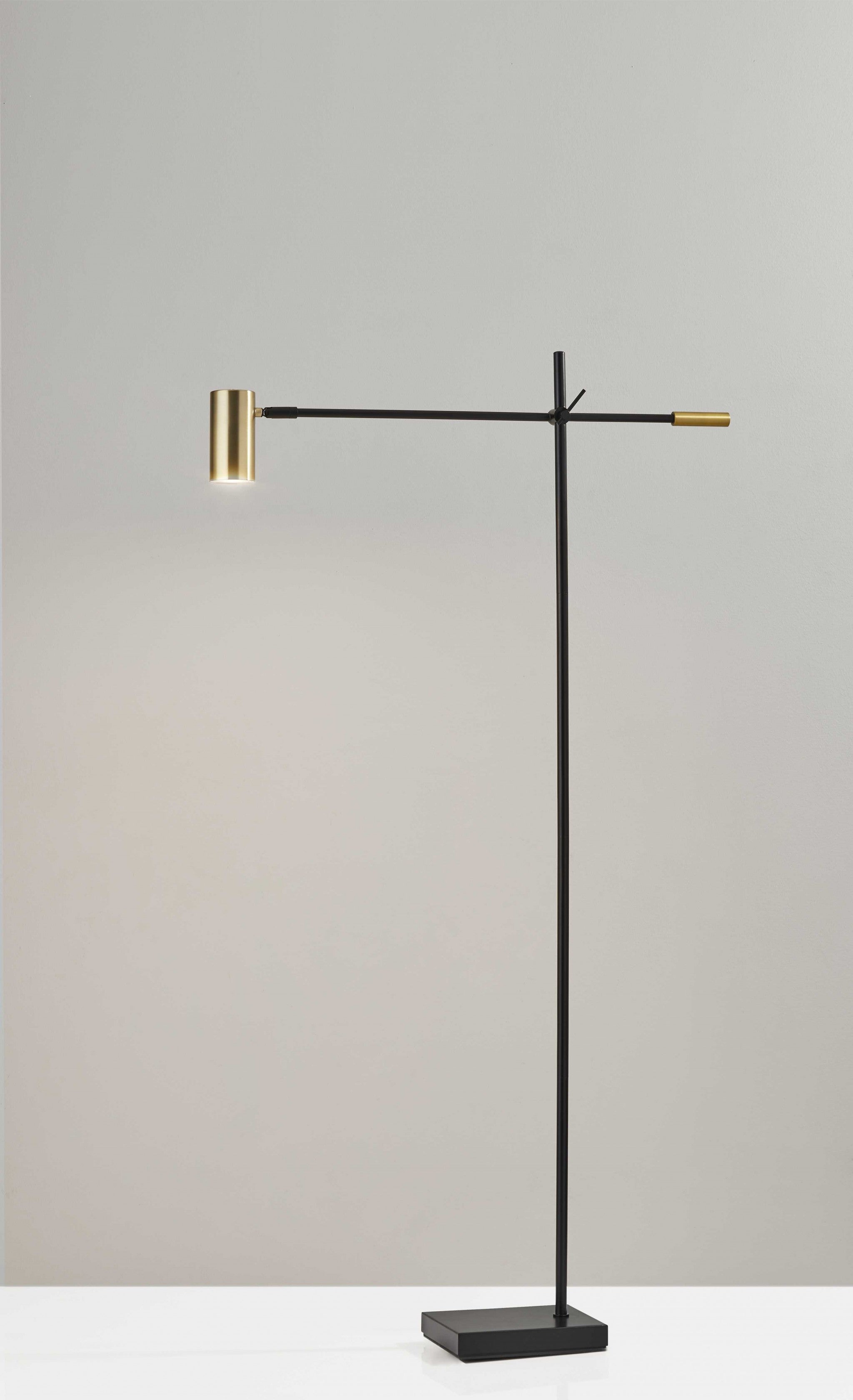 63" Black Adjustable LED Task Floor Lamp With Antiqued Brass Cylinder Shade