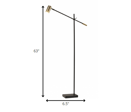 63" Black Adjustable LED Task Floor Lamp With Antiqued Brass Cylinder Shade