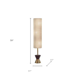 59" Brass And Wood Textured Cylinder Beige Floor Lamp