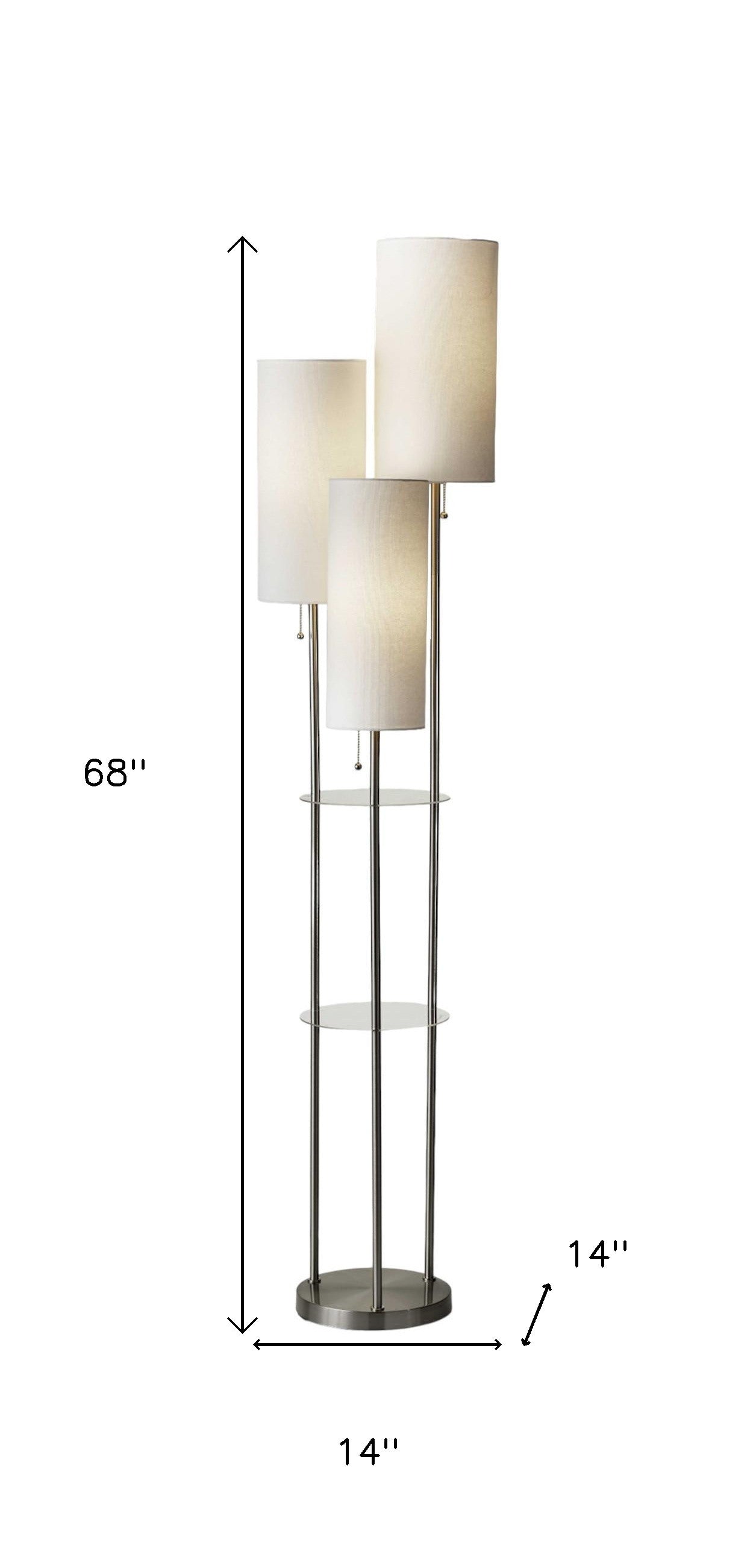 68" Steel Three Light Floor Lamp With White Linen Cylinder Shades