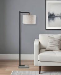 61" Grey And Black Arc Floor Lamp With White Fabric Drum Shade