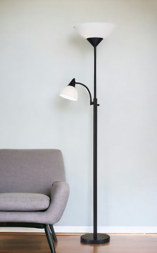 71" Two Light Torchiere Floor Lamp With White Acrylic Bowl Shades