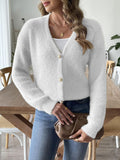 Button Up V-Neck Long Sleeve Cardigan - Trendsi