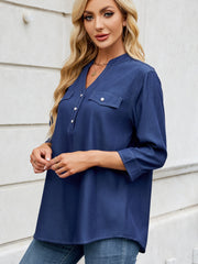 Notched Three-Quarter Sleeve Denim Top