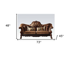 73" Dark Brown And Brown Velvet Loveseat and Toss Pillows