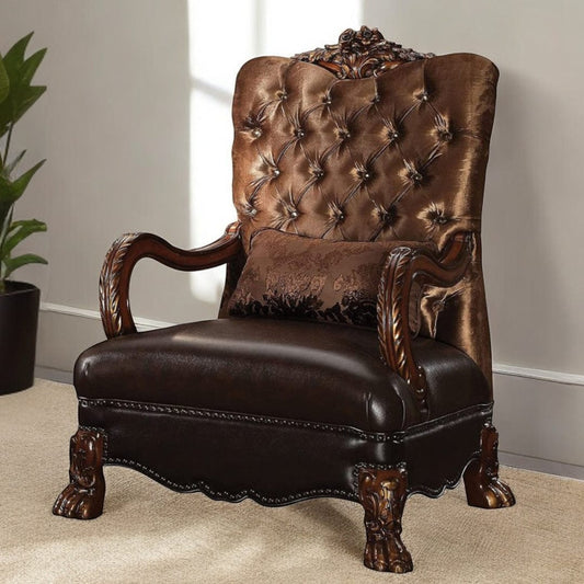 34" Golden Brown And Mahogany Velvet Tufted Arm Chair And Toss Pillow