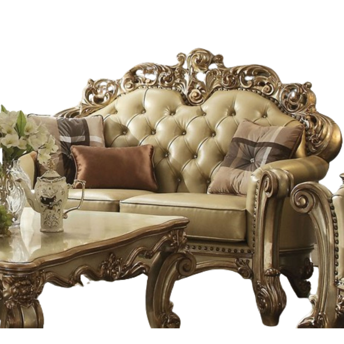 70" Bone And Gold Faux Leather Curved Loveseat