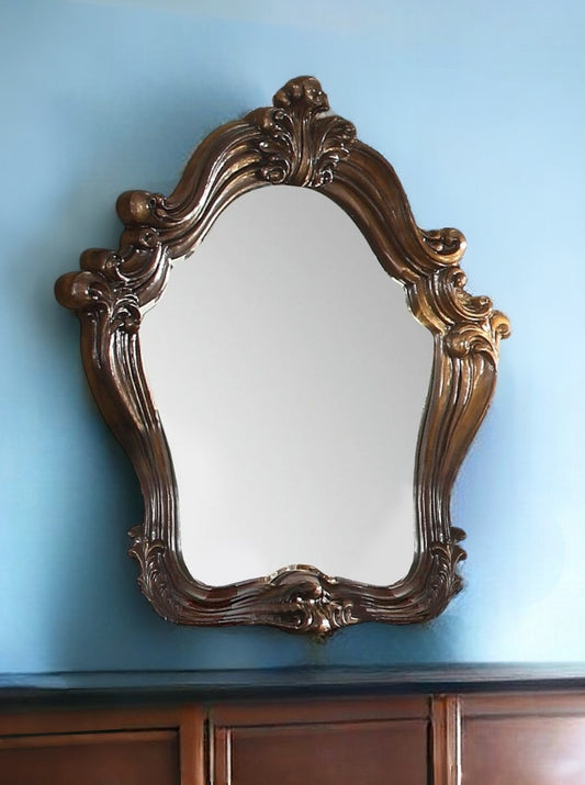 47" Brown Crowned Top Solid Wood Framed Dresser Mirror