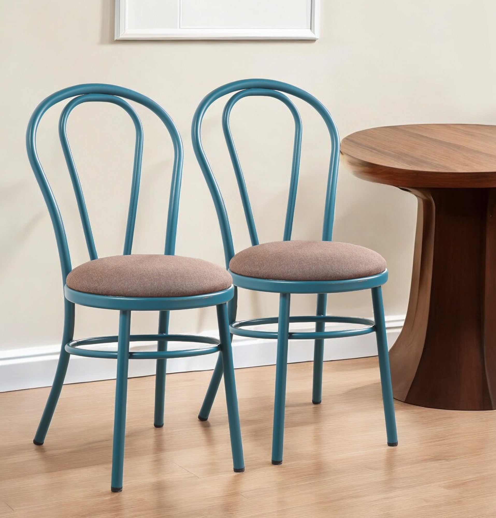 Set of Two Taupe And Teal Blue Upholstered Dining Side Chairs