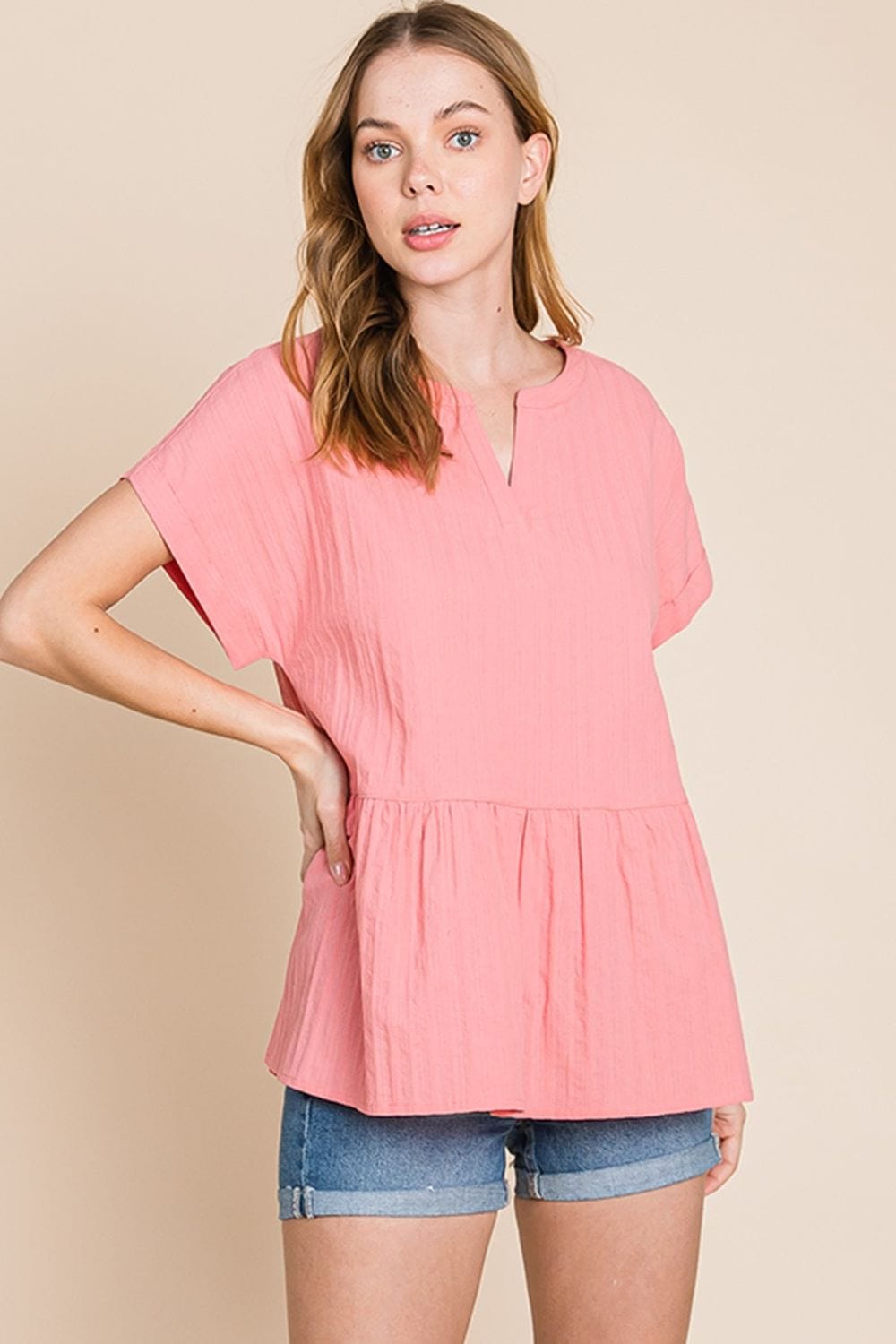 Cotton Bleu by Nu Label Notched Short Sleeve Peplum Top - Trendsi