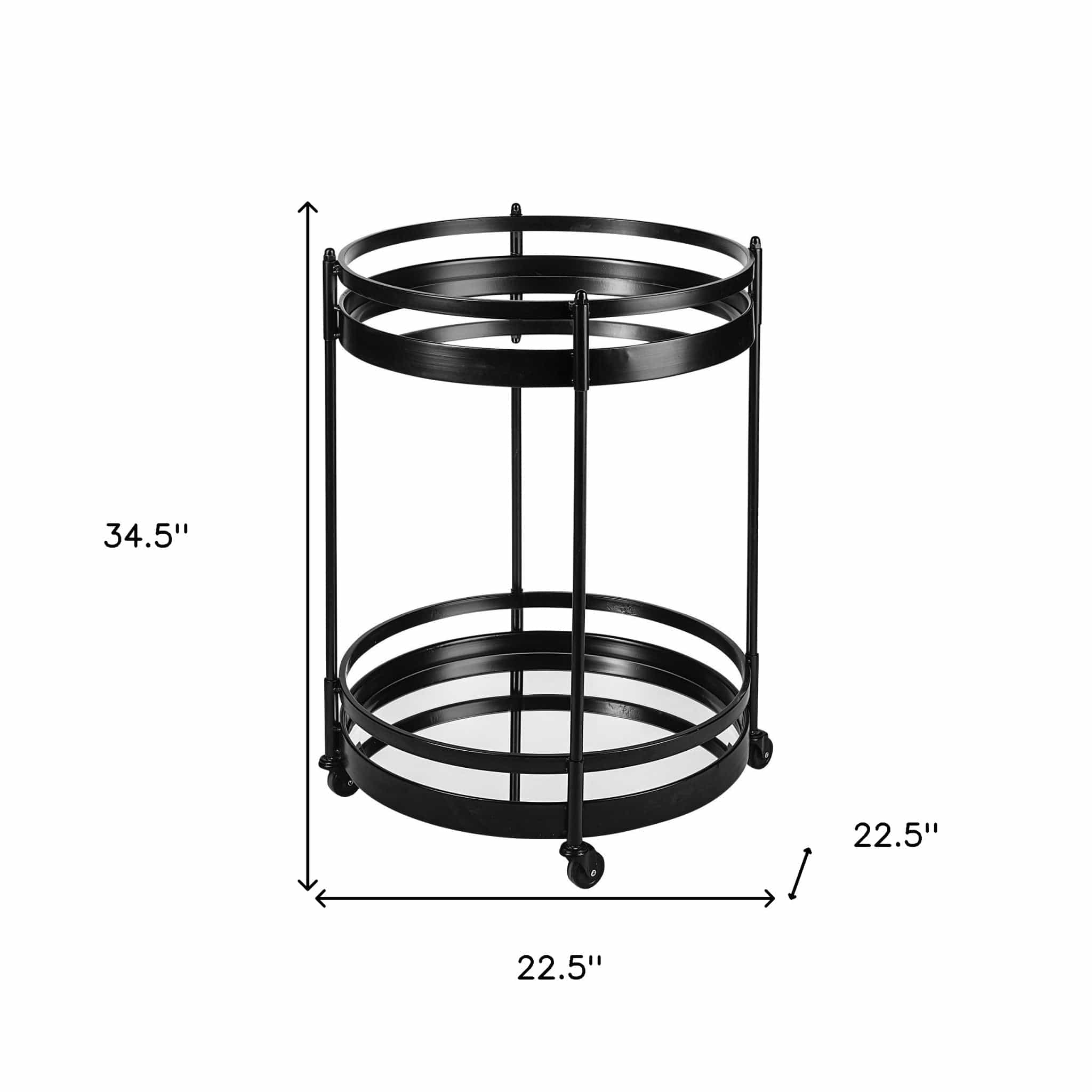 22" Black Metal With Two Mirror Glass Botton Shelves Bar Cart - Homeroots