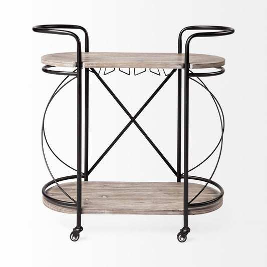 Cyclider Black Metal With Two Wooden Shelves Bar Cart