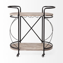 Cyclider Black Metal With Two Wooden Shelves Bar Cart