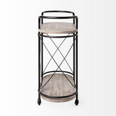 Cyclider Black Metal With Two Wooden Shelves Bar Cart