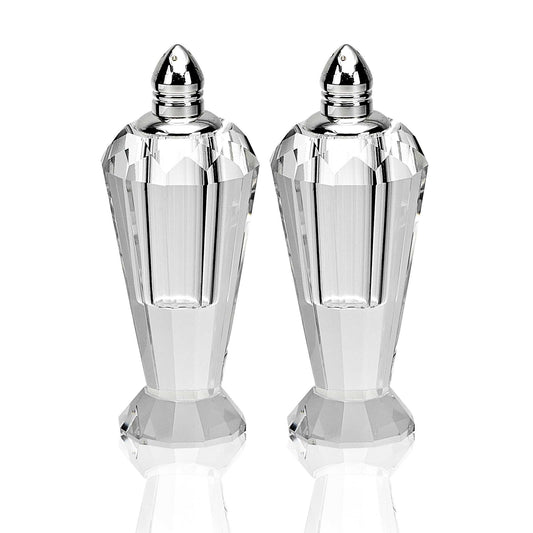 Handcrafted Optical Crystal And Silver Pair Of Salt And Pepper Shakers