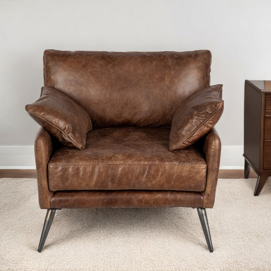 33" Brown And Silver Faux Leather Distressed Arm Chair