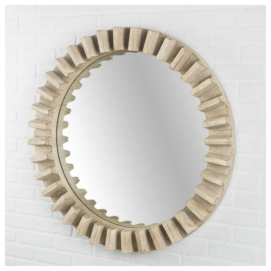 35" Round Natural Brown Wood Frame Wall Mirror - Homeroots