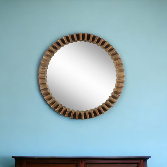 44" Round Brown Wood Frame Wall Mirror