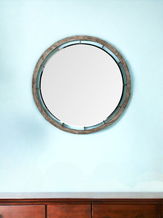 46" Round Brown Wood Frame Wall Mirror - Homeroots