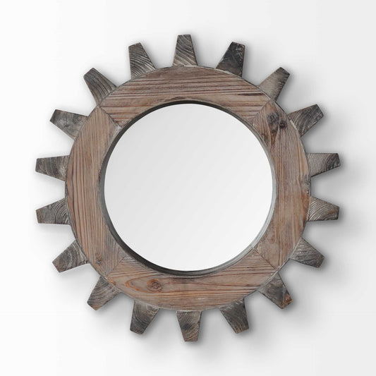 Cog 17" Round Natural Wood Frame Wall Mirror