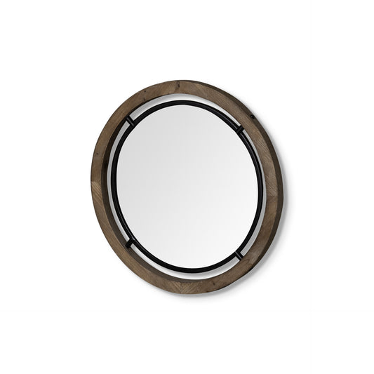 19" Brown Wood And Black Metal Frame Wall Mirror