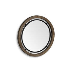 19" Brown Wood And Black Metal Frame Wall Mirror