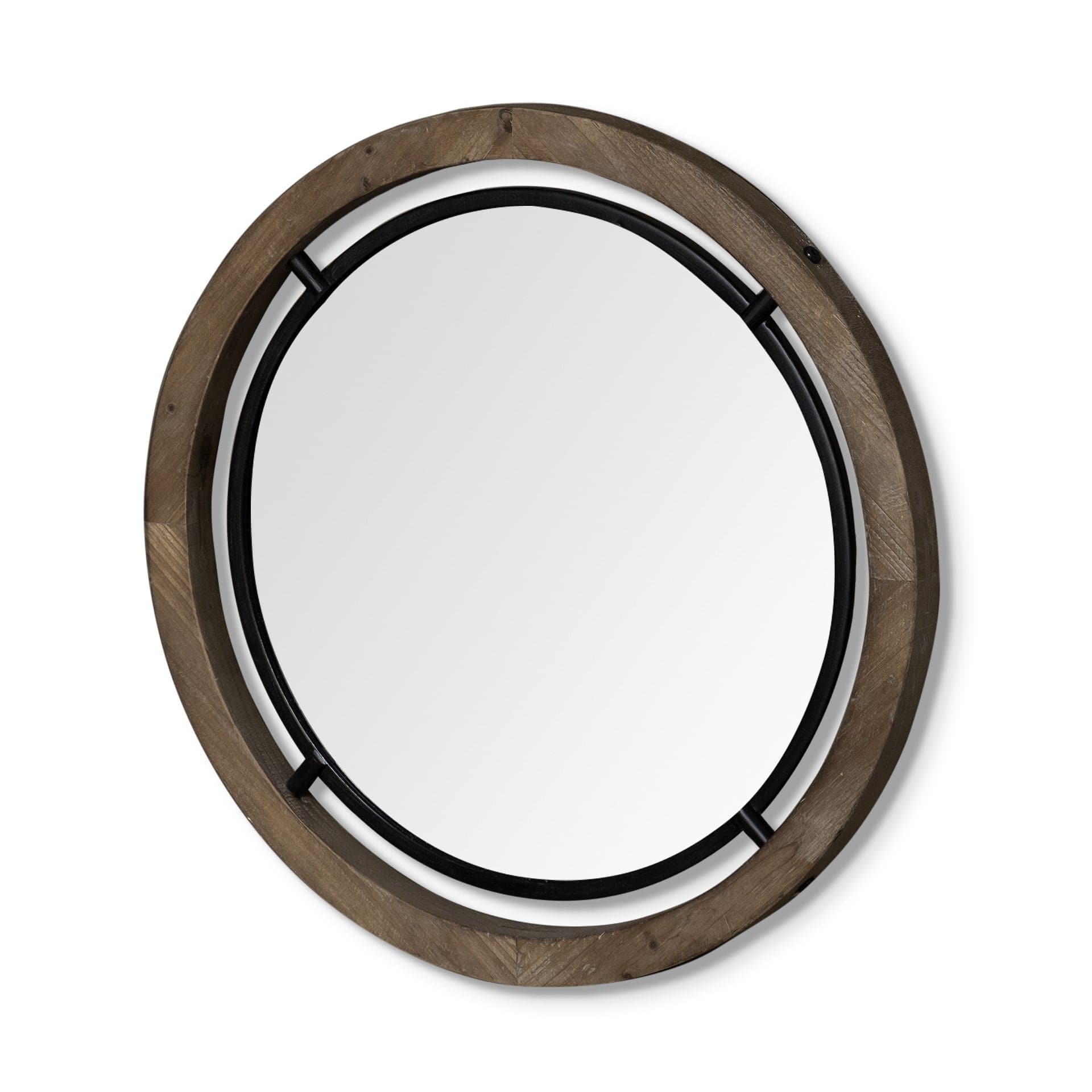 28" Brown Wood And Black Metal Round Framed Accent Mirror - Homeroots