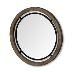 28" Brown Wood And Black Metal Round Framed Accent Mirror - Homeroots