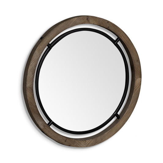 28" Brown Wood And Black Metal Round Framed Accent Mirror