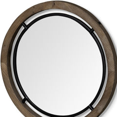 28" Brown Wood And Black Metal Round Framed Accent Mirror