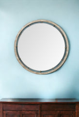 54" Brown Wood and Metal Round Framed Accent Mirror