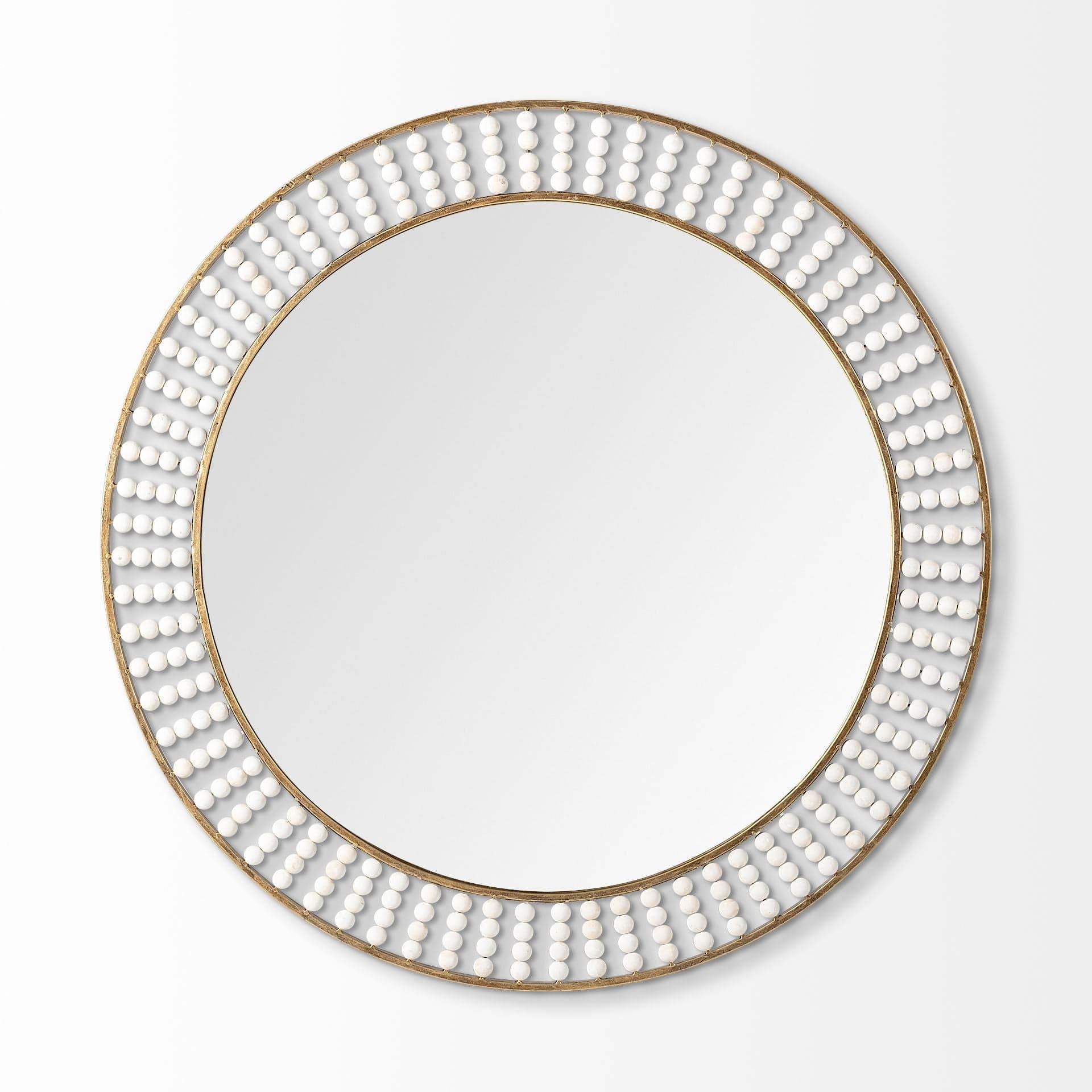 42" Round Gold Metal Frame Wall Mirror With White Wood Beads - Homeroots