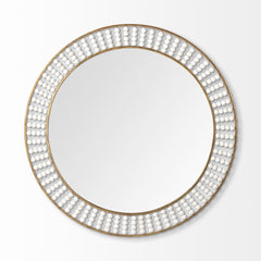 42" Round Gold Metal Frame Wall Mirror With White Wood Beads - Homeroots