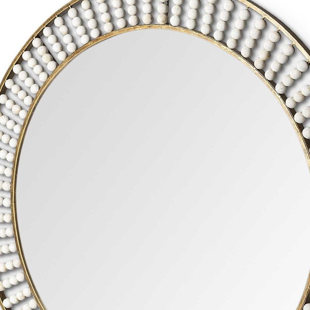 42" Round Gold Metal Frame Wall Mirror With White Wood Beads - Homeroots