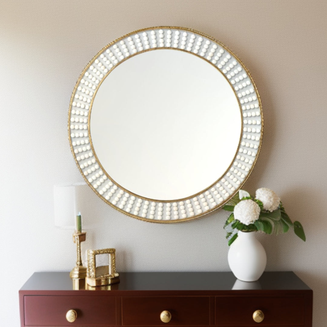 42" Round Gold Metal Frame Wall Mirror With White Wood Beads